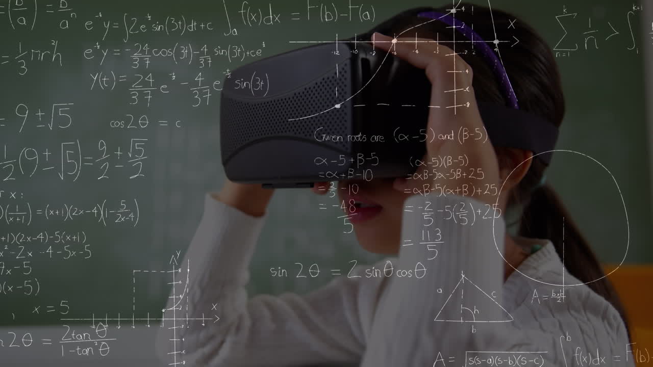 vr 헤드 ⁇ 을 사용하여 학교 아이 위에 수학 수식의 애니메이션