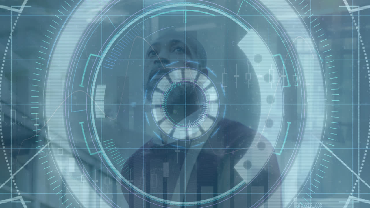 animación de procesamiento de datos y escaneo de alcance sobre empresario afroamericano