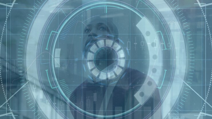 Animation of data processing and scope scanning over african amercian businessman