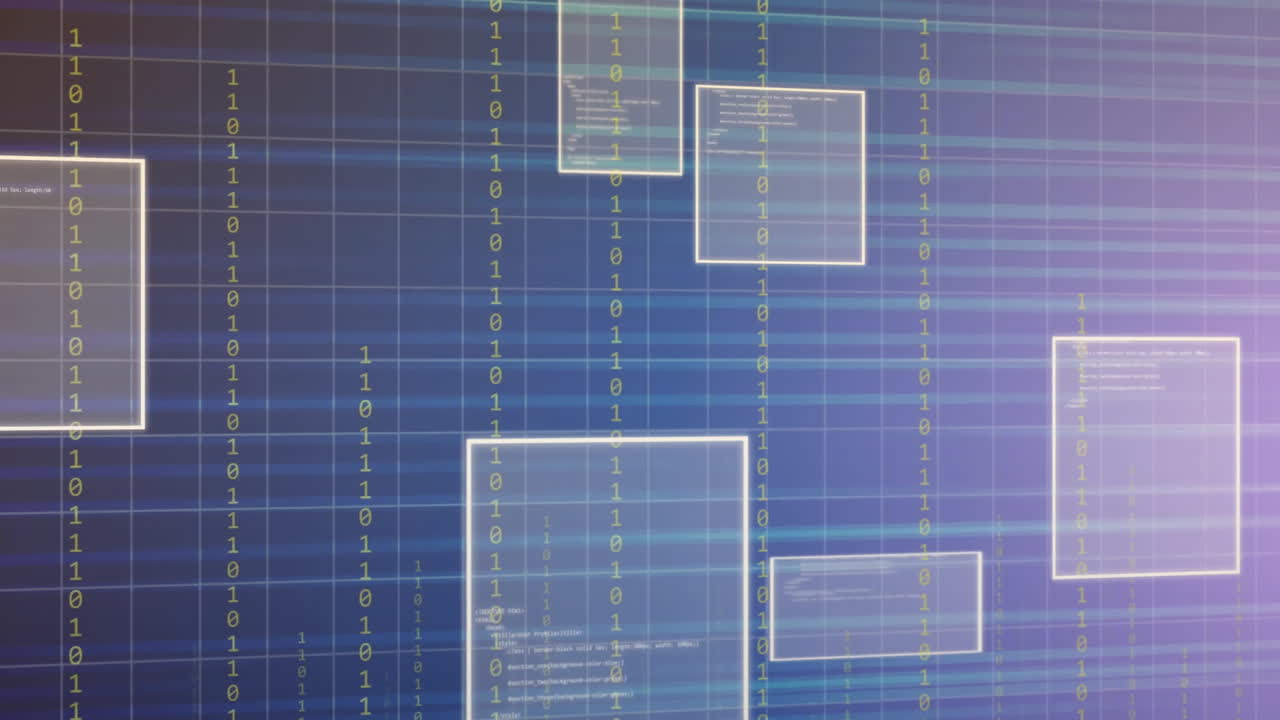 파란색 배경에 바이너리 코딩과 데이터 처리의 애니메이션