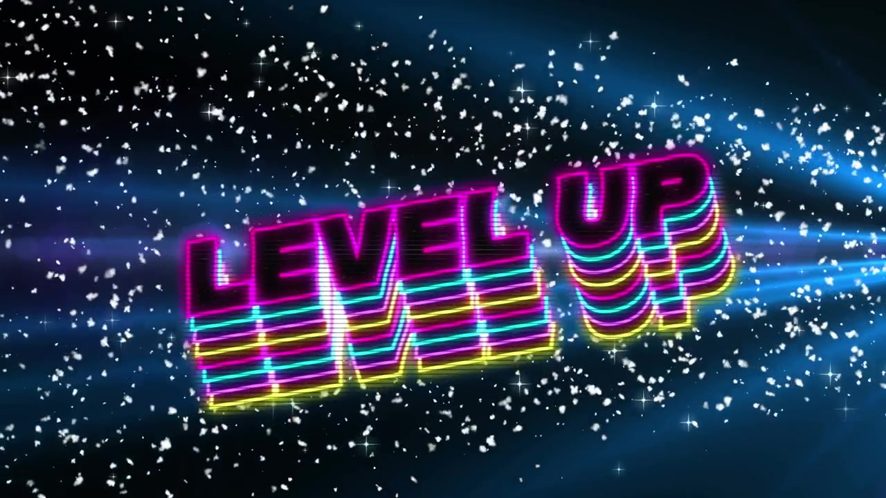 Animatie van 'level omhoog'-tekst over lichtvlekken op een zwarte achtergrond