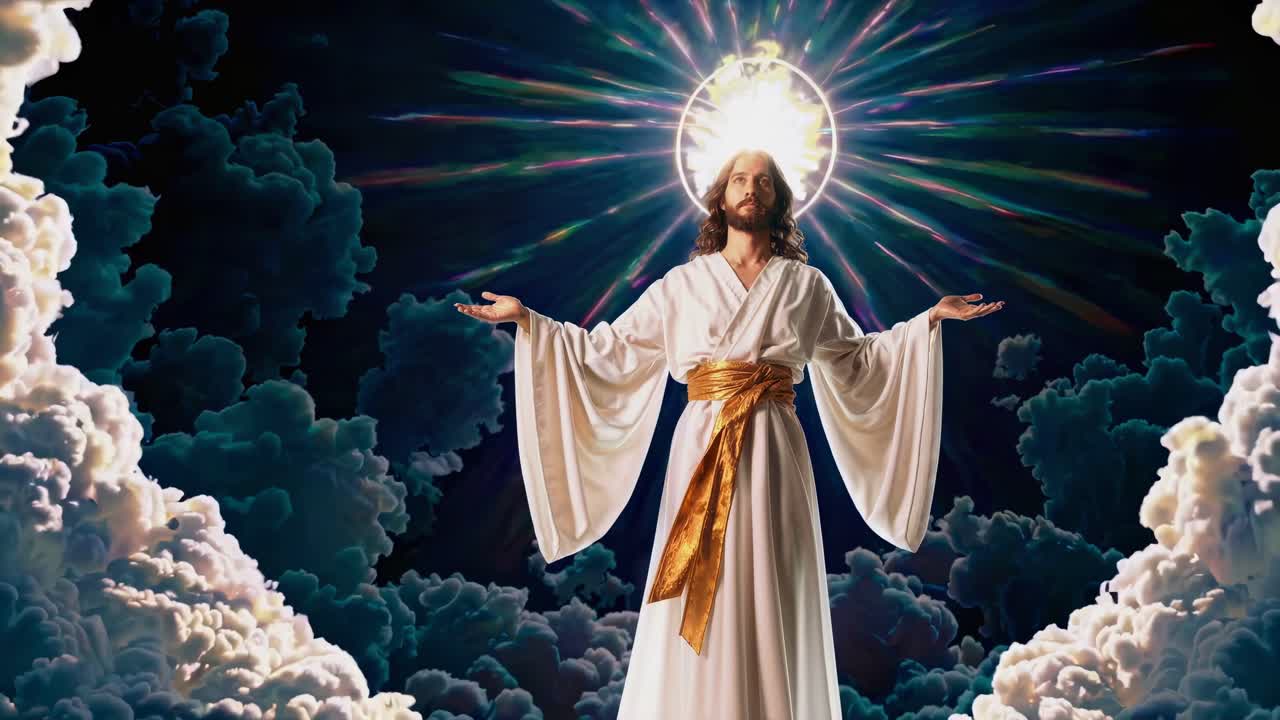 A divine figure in flowing robes, arms outstretched, surrounded by clouds and radiant light