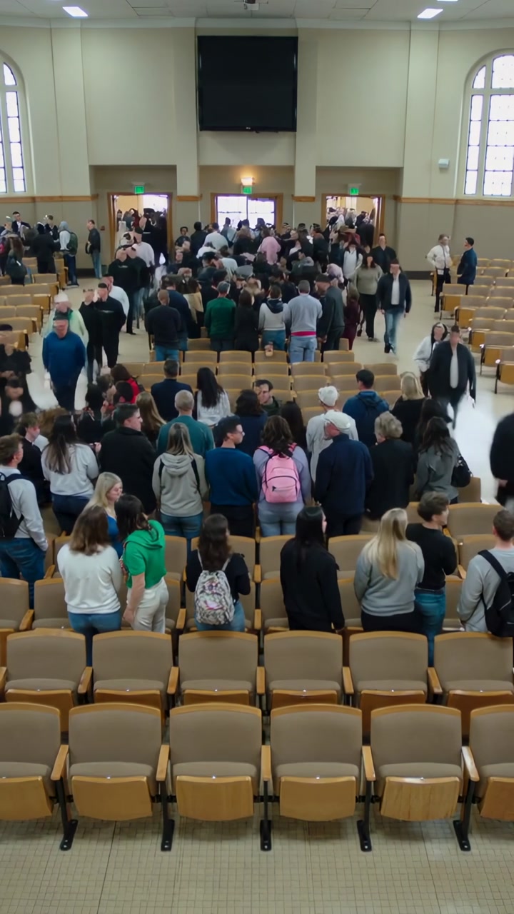 Vertical video: Students rising after lecture, leaving seats, walking down aisles toward exit doors