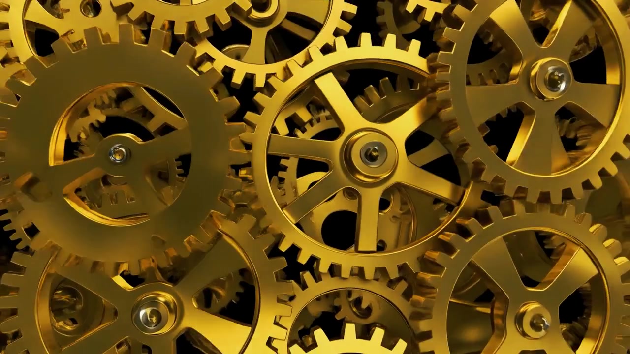 Rotating Golden Mechanical Gears Interlocking in Motion