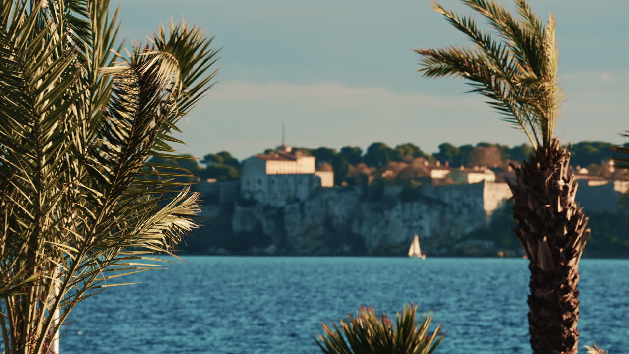 Palmetrær som svaier forsiktig i forgrunnen, med det historiske Fort Carre med utsikt over Middelhavet i Antibes