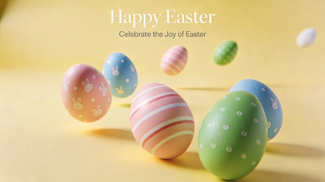 Rolling striped eggs with bunny prints moving across yellow plane on play showing Happy Easter text