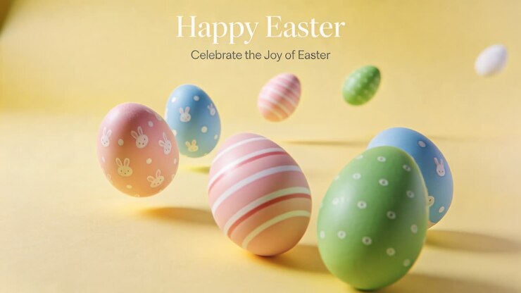 Rolling striped eggs with bunny prints moving across yellow plane on play showing Happy Easter text