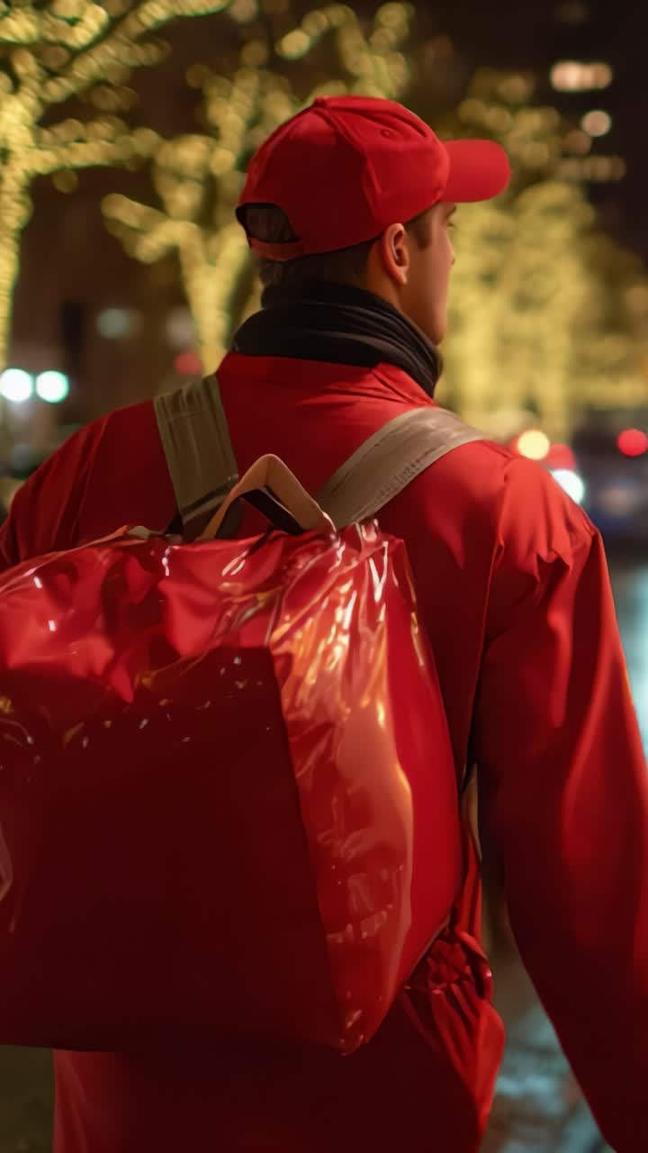 Un repartidor con un atuendo rojo brillante caminando por una calle llena de luces parpadeantes en una noche ajetreada, llevando una bolsa roja grande en su espalda