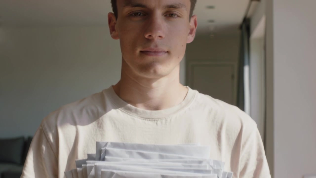 Kamera dras tillbaka och avslöjar en man som håller vadderade kuvert hemma, visar ansiktet, ljus t-shirt och kedja.