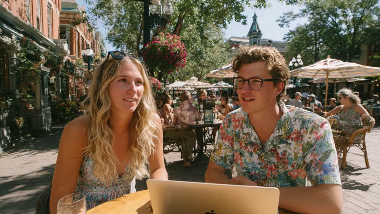 Two Friends Enjoying a Sunny Day Outdoors at a Cafe, Engaged in Conversation While Working on a Laptop Surrounded by Lively Atmosphere and People