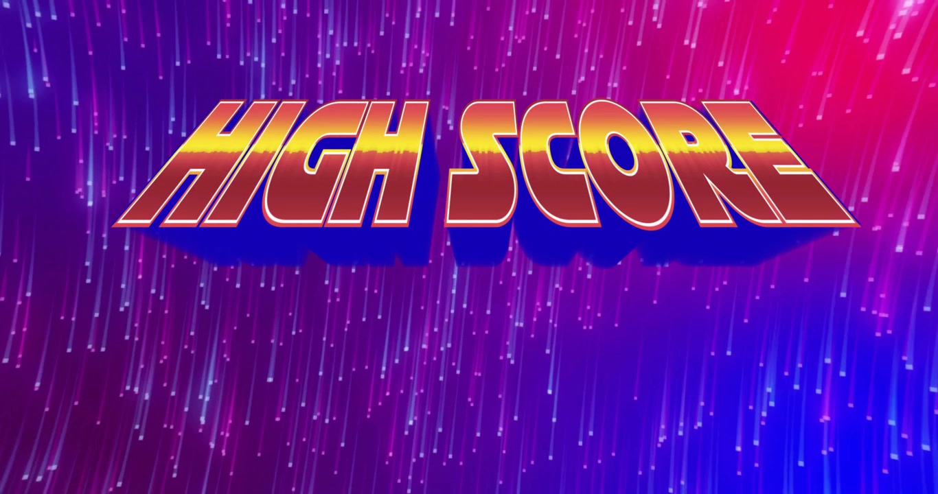 Dòng chữ "HIGH SCORE" 3D hiện dần lên, chuyển sang màu vàng và phát sáng trên những vệt sáng neon, ăn mừng chiến thắng trong trò chơi