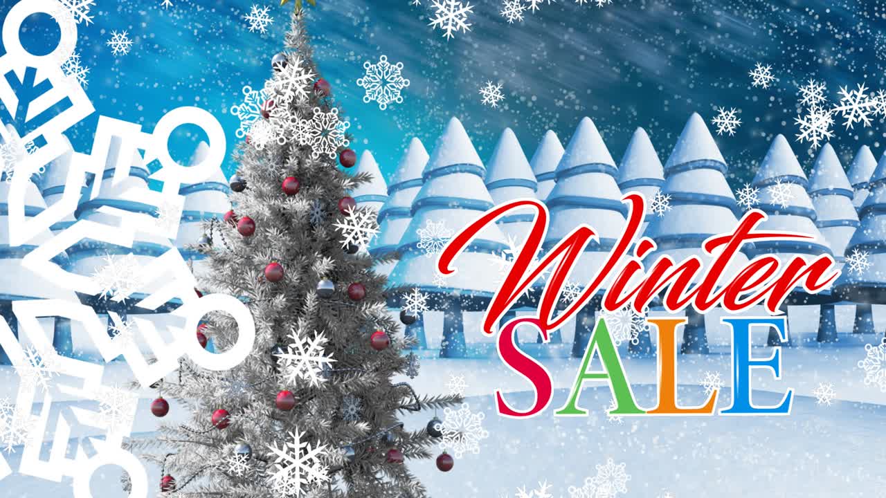 겨울 풍경에서 소나무 위의 겨울 판매 텍스트의 애니메이션