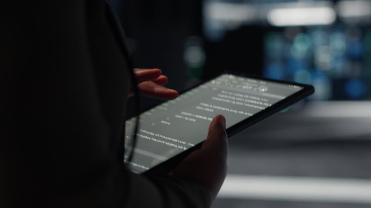 Close up of programmer in data center using tablet