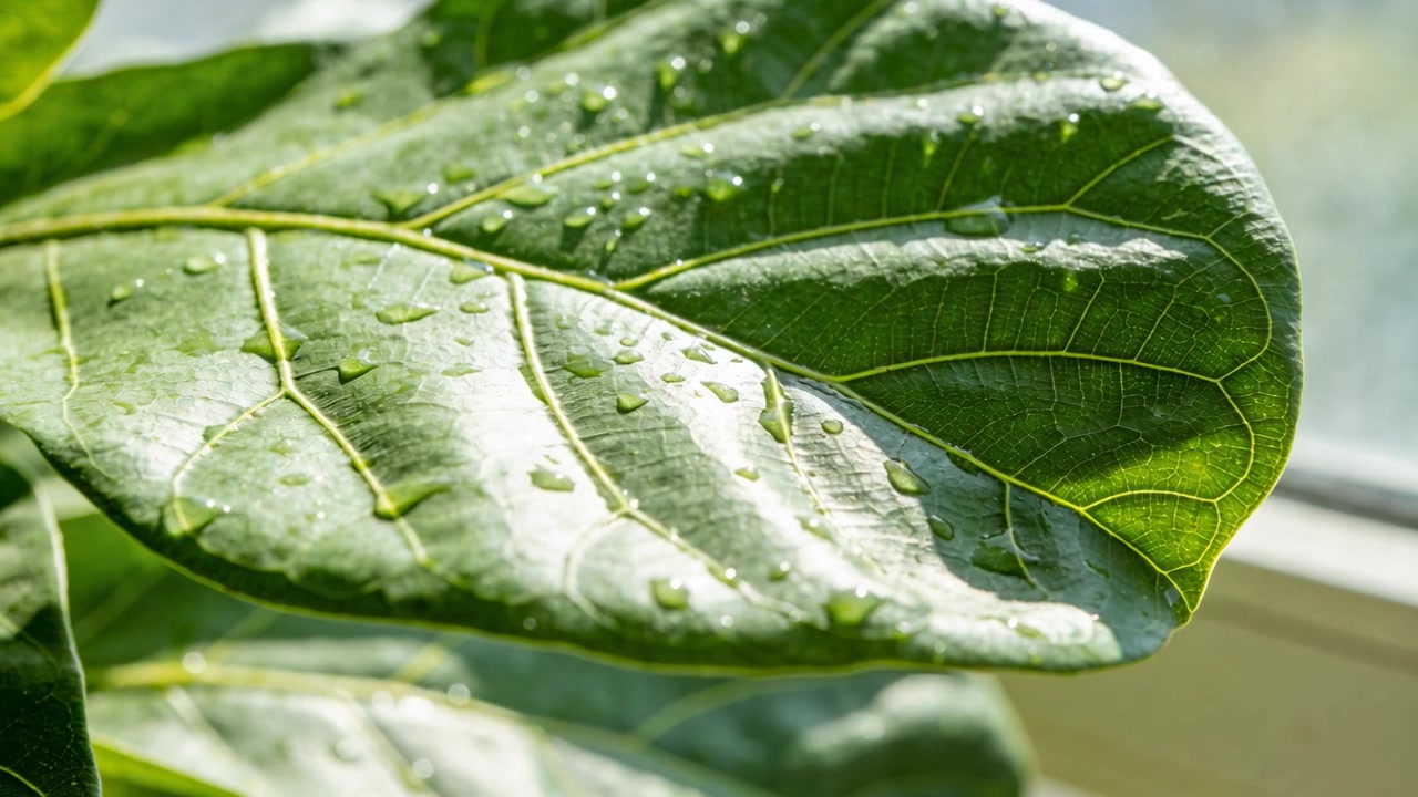 Showing large glossy leaf on windowsill, sunlight shifting glints across water droplets and veins