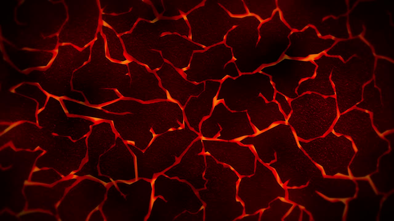 Sfondo scuro con terreno rosso crepato. Fumo, nebbia, polvere. Animazione in loop di lava fusa. Superficie terrestre. Pavimento rovente
