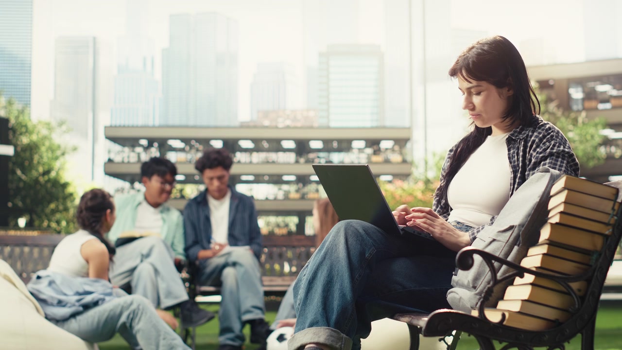 Woman student working on laptop seated on wooden bench and thinking