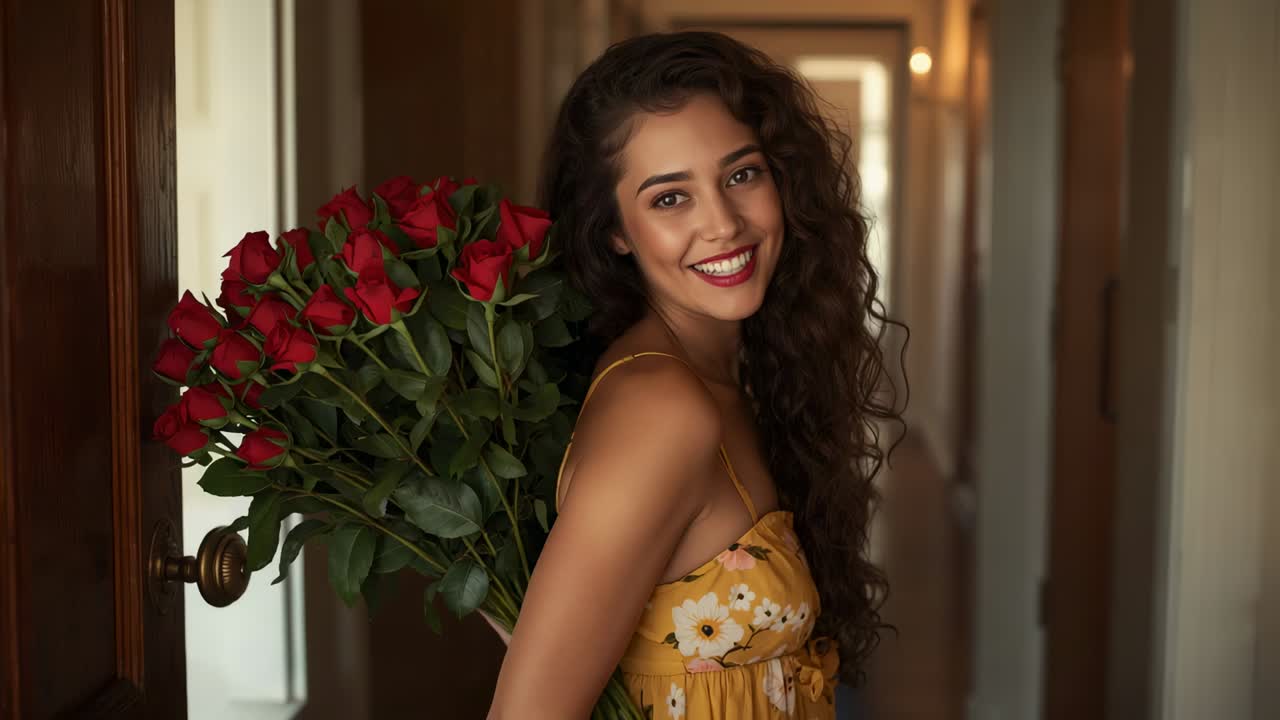 Donna sorridente in abito giallo che nota la fotocamera, si gira verso di essa alla porta di legno e tiene in mano delle rose rosse