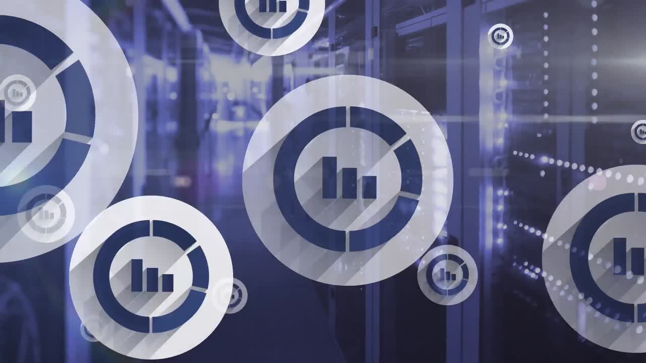 animación de múltiples iconos de gráficos de barras flotando contra la sala del servidor de la computadora