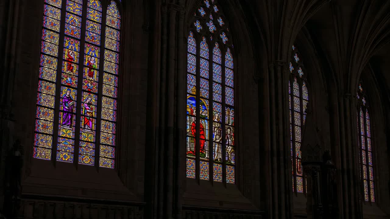 Two stained glass windows reflecting light changes in cathedral, with ornate tracery