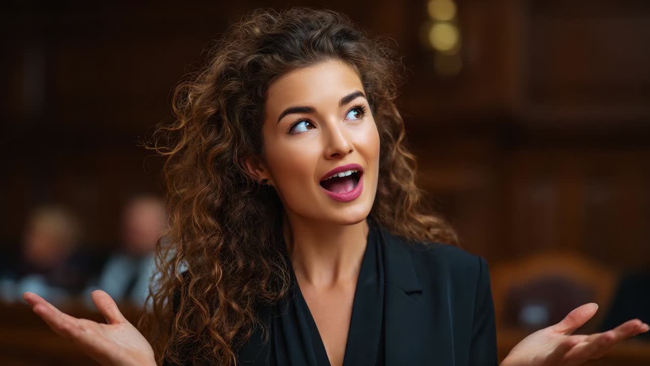 A Confident Young Woman Engages in a Passionate Discussion in a Courtroom Setting, Expressing Her Thoughts and Ideas with Enthusiasm and Clarity, Capturing the Attention of the Audience Around Her