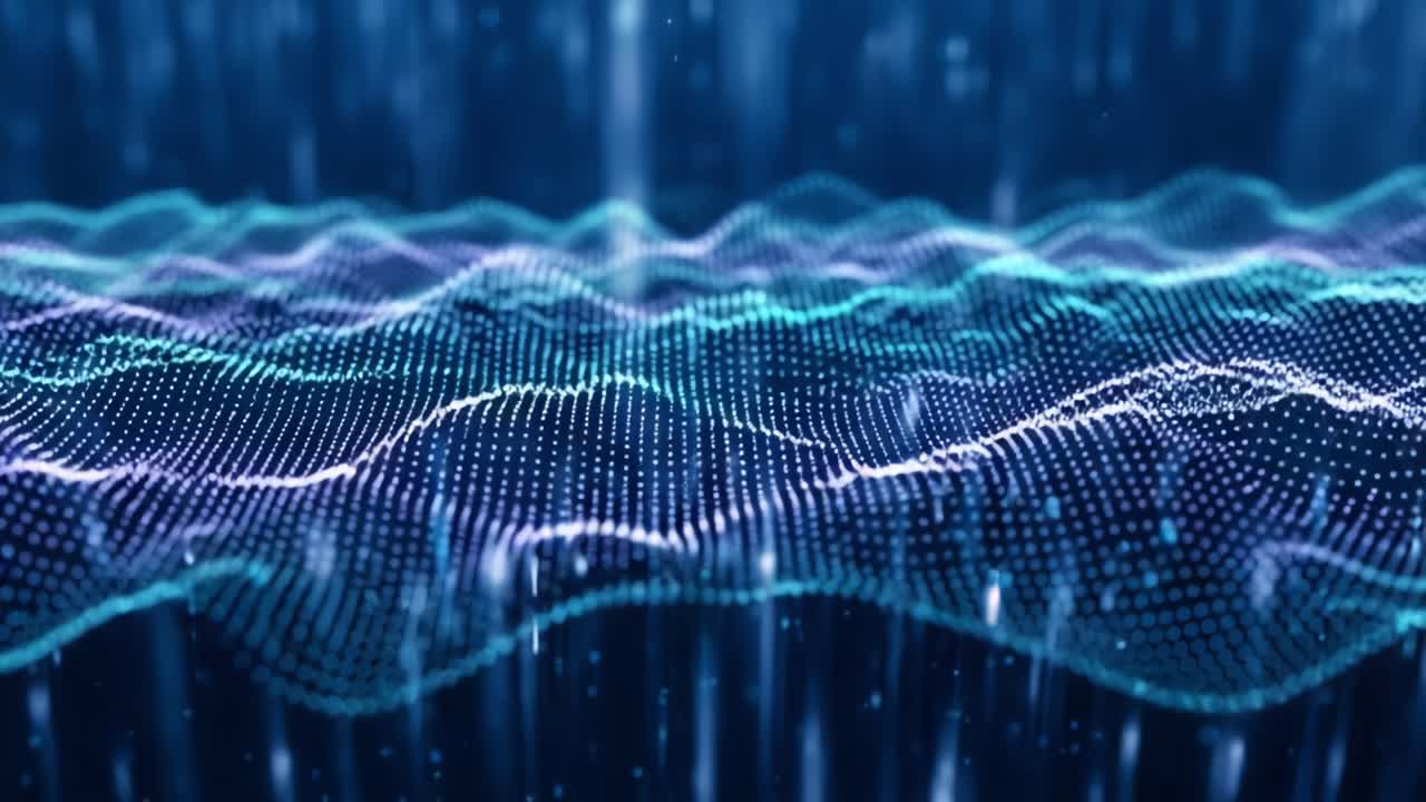 A stunning visual representation of sound waves depicted through vibrant blue and purple particles, creating a dynamic and captivating digital landscape full of energy