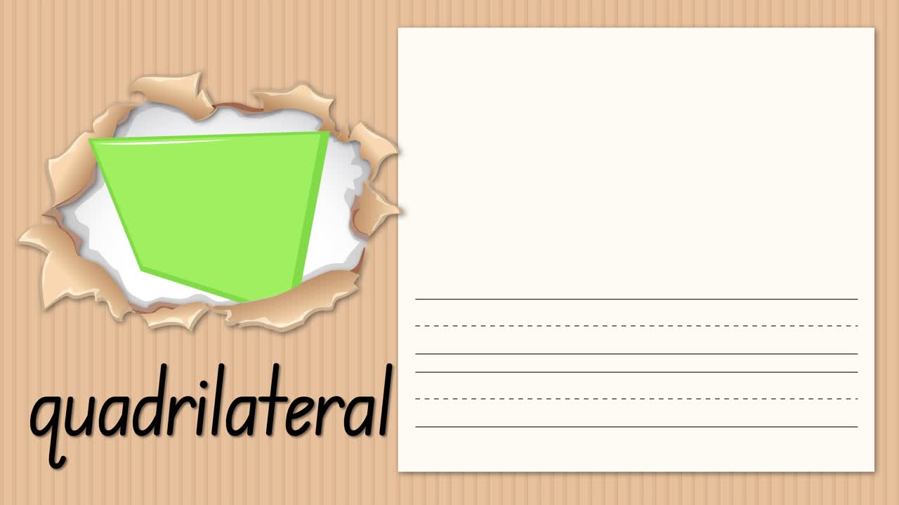 Una lezione animata insegna la lettera Q usando un quadrilatero verde su una texture di sfondo in cartone