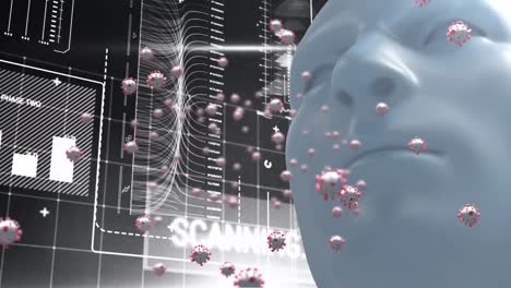 multiple covid-19 cells over human face model against digital interface with data processing