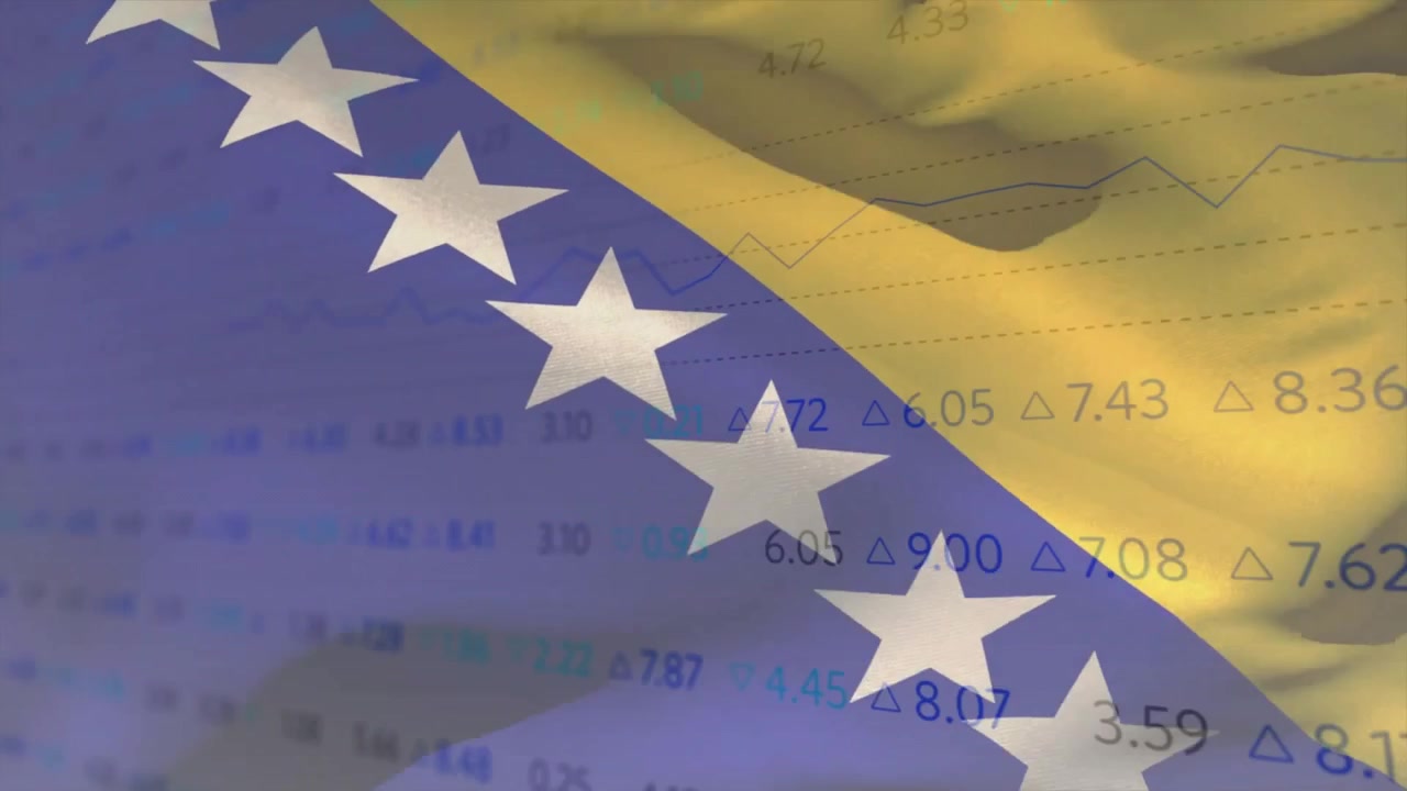 3D Bosnian flag emerging from left frame, wind folding rippling cloth while market data updating