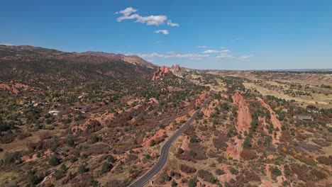 Panoramic-aerial-dolly-above-entrance-road-to-Garden-of-the-Gods-Colorado-as-car-exits