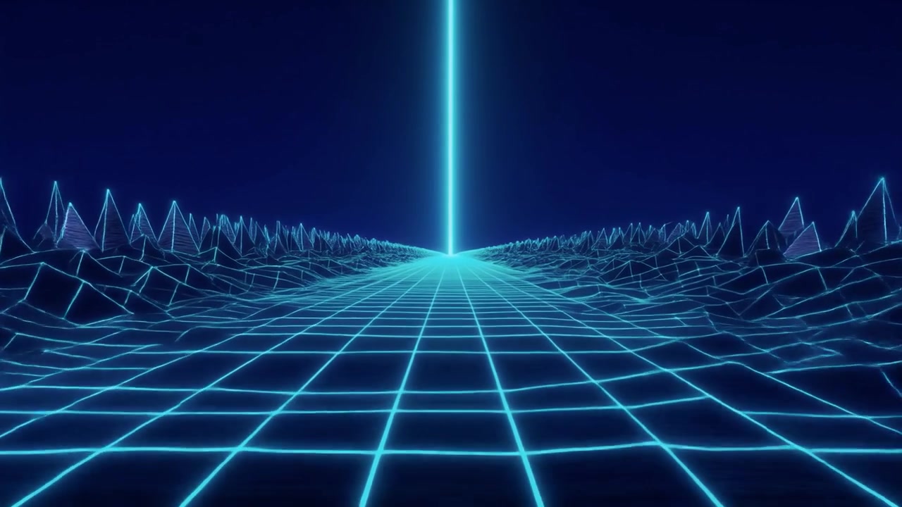 Retro Synthwave Style Digital Landscape with Glowing Grid and Light Beam