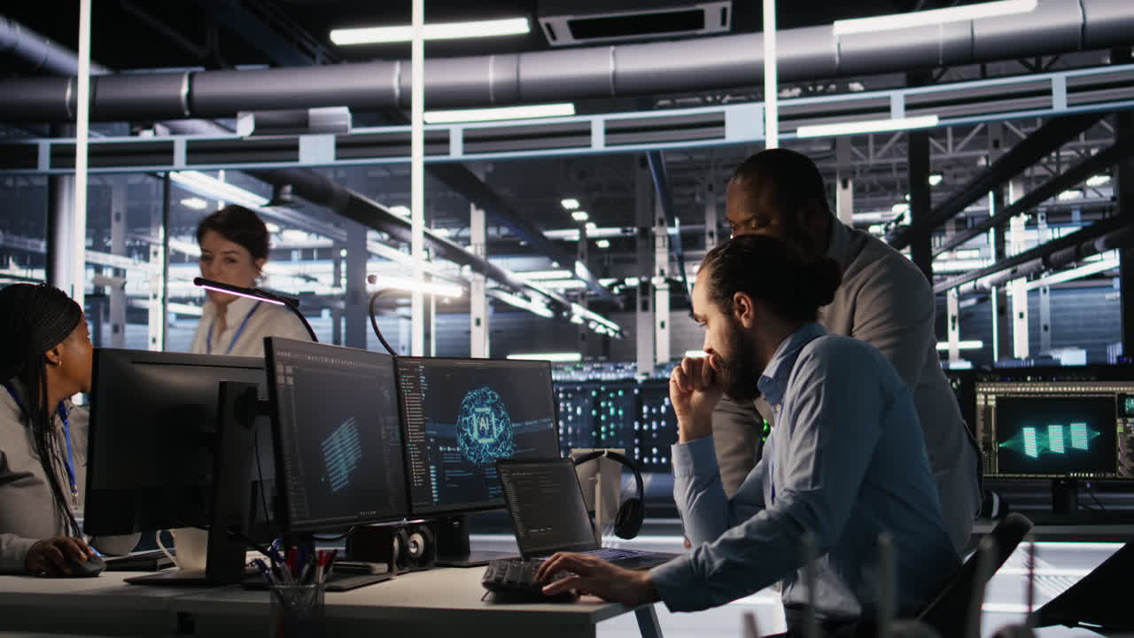 Vertical video Data center engineers use laptop, collaborating on doing AI software updates