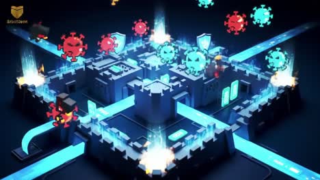 A Vibrant Digital Fortress Filled with Colorful Creatures and Strategic Pathways, Showcasing a Battle of Creativity and Imagination in a Virtual World