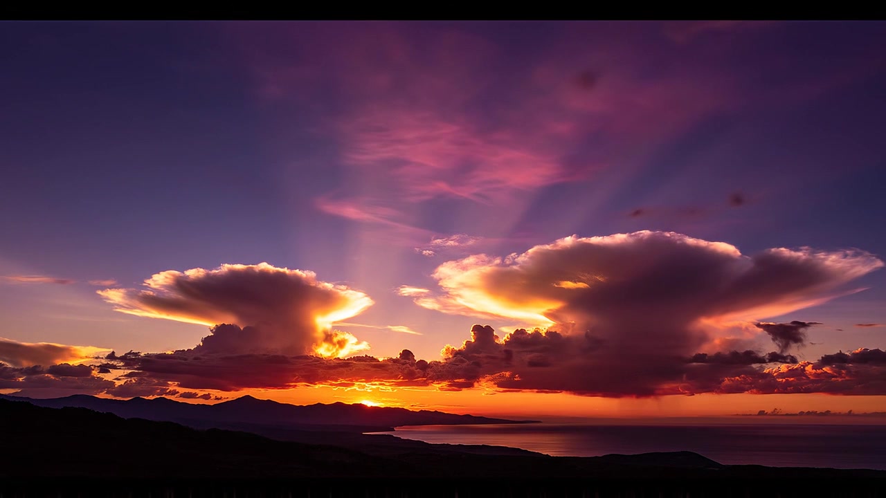 Majestic Sunset Over Coastal Mountains with Dramatic Cloud Formations