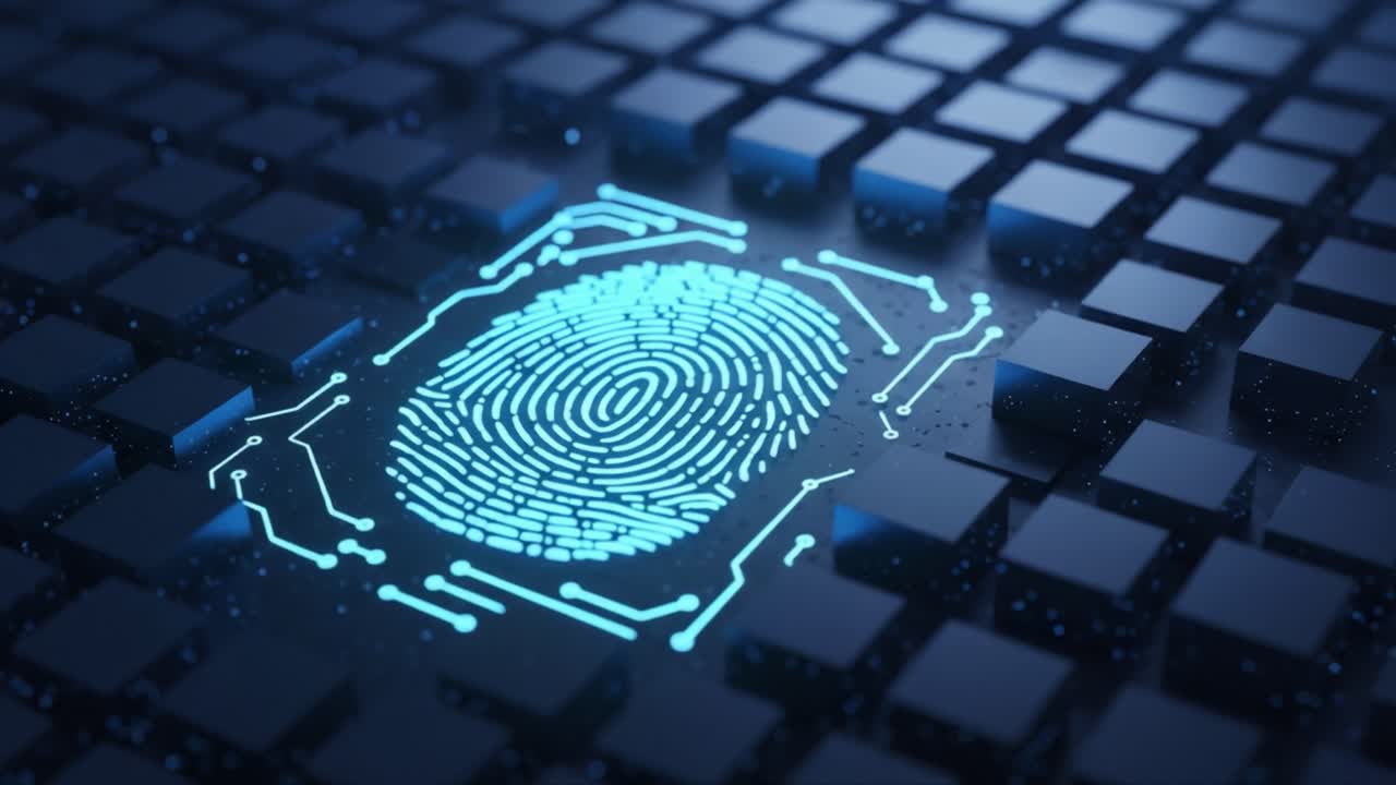 Exploring the Intersection of Technology and Security: A Close-Up View of a Digital Fingerprint on a Keyboard Background Representing Biometric Authentication Systems