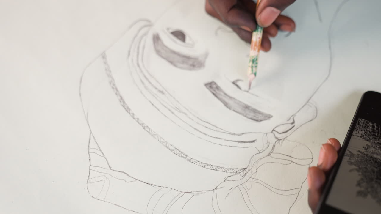 Artist sketching portrait using phone reference, smartphone beside paper while pencil builds stippled facial features, closeup of hand movements and dot technique, focused studio energy, freelance