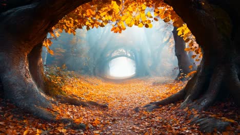 a tunnel in the middle of a forest filled with leaves