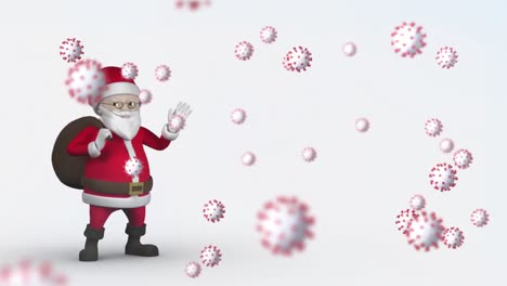 Animation-of-covid-19-cells-moving-over-santa-claus-waving-on-white-background