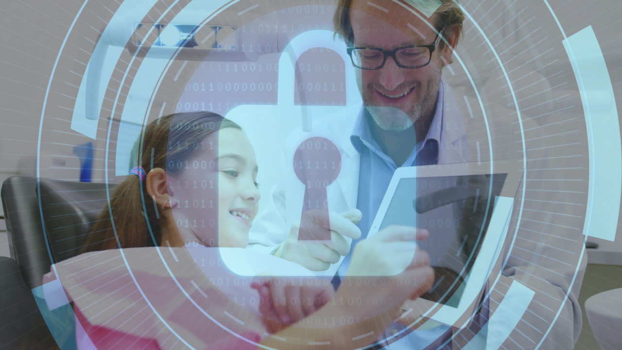 Dentist guiding child patient in dental clinic, showing tablet with animated lock and binary code