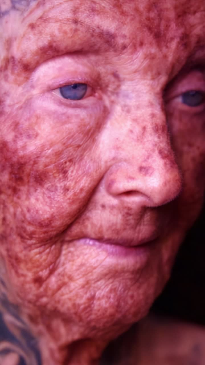 Close-up Portrait of a Senior Woman with Distinctive Skin Features Capturing the Beauty of Aging and Wisdom Through Unique Textures and Expressions