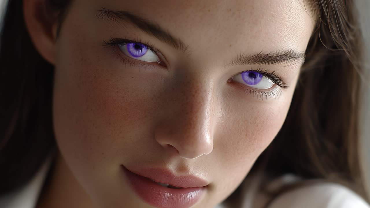 Stunning Close-Up of a Young Woman with Enigmatic Purple Eyes, Captivating Expression, and Flawless Skin, Embodying a Unique Balance of Natural Beauty and Intrigue