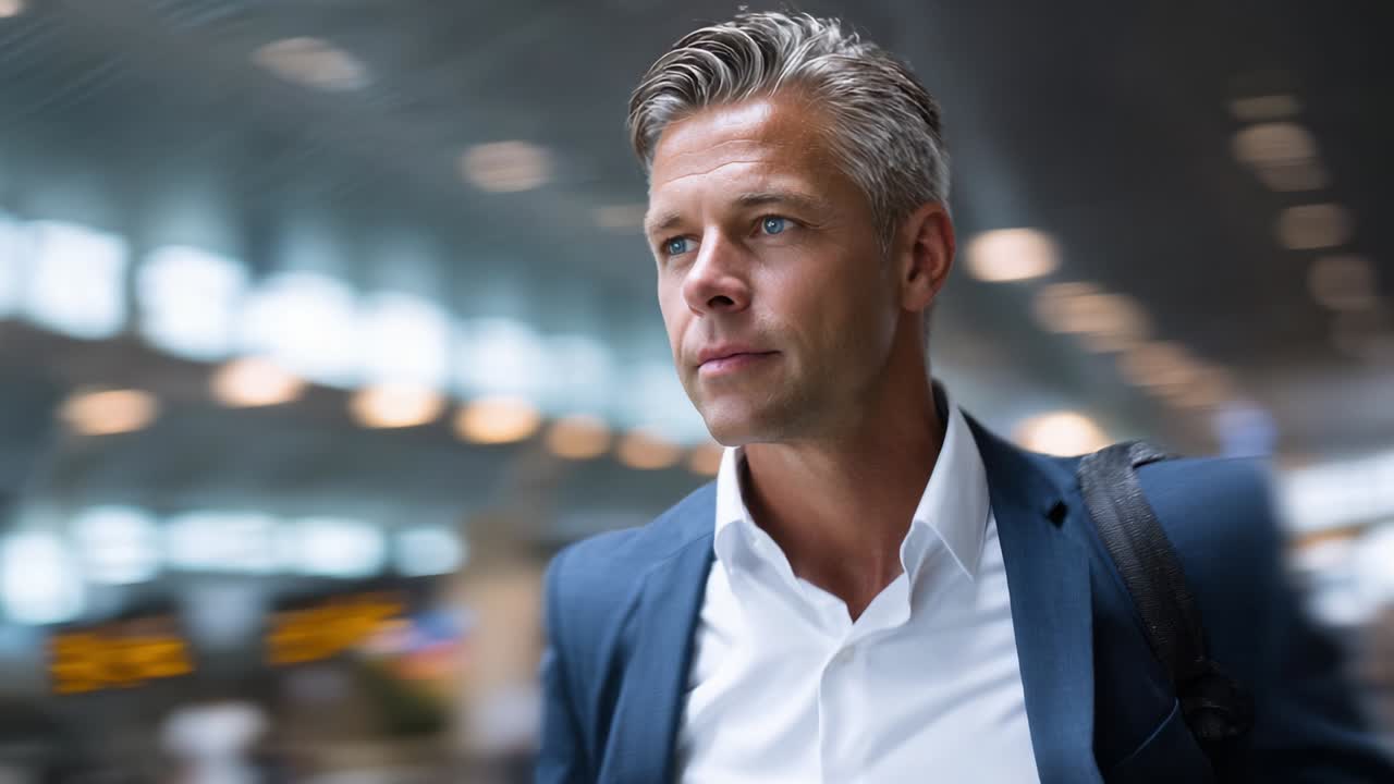 A well-dressed, confident man walks through a modern airport terminal with determination, showcasing his professional demeanor and readiness to embark on a new journey or business endeavor