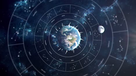 animación del concepto de astrología - signos del zodíaco mientras la luna orbita la tierra