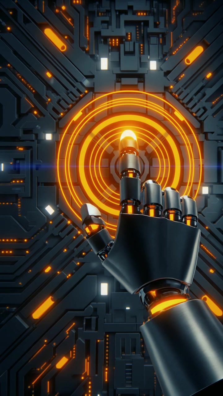 Robotic Hand Touching Glowing Digital Interface Panel