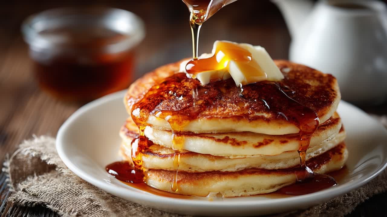 Deliciously Stacked Pancakes with Melting Butter and Dripping Syrup, Perfect for Breakfast Indulgence or Weekend Treats, Captured in Two Mouthwatering Frames
