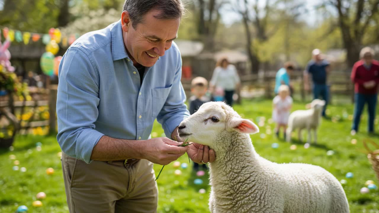 A Joyful Interaction Between a Man and a Sheep at a Spring Celebration, Highlighting the Beauty of Nature and Connection in a Festive Atmosphere