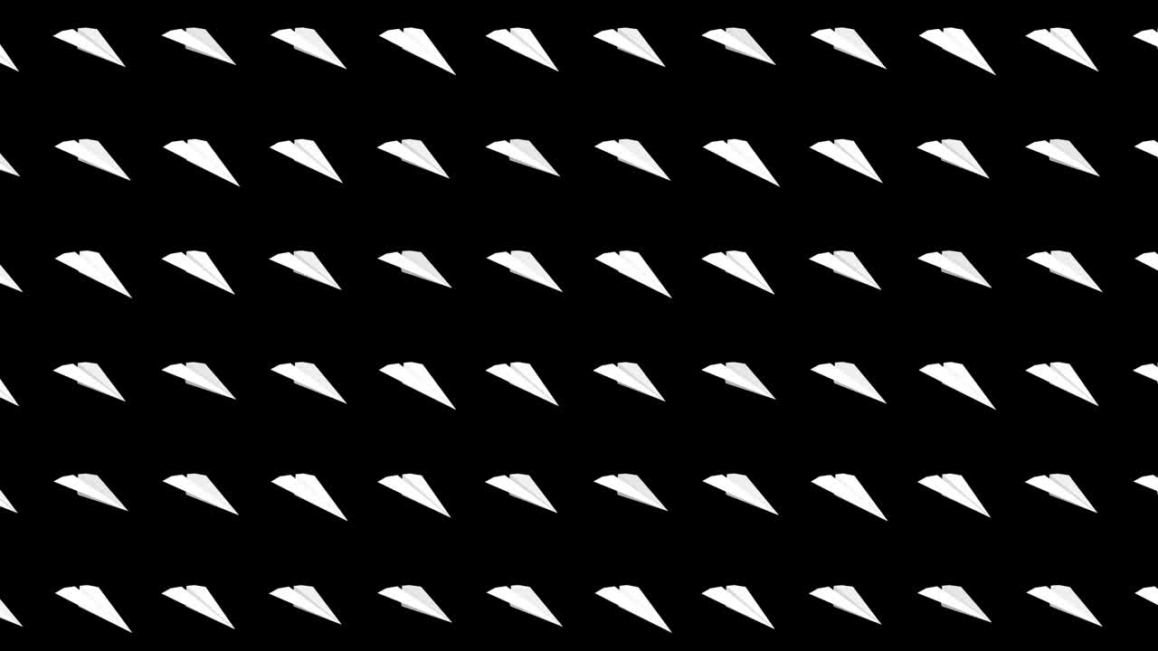 Collezione di aeroplanini di carta fatti a mano. Animazione in loop di aeroplanini di carta bianchi che volano su sfondo nero. Concetto di connessione aziendale. Aeroplanino origami che vola