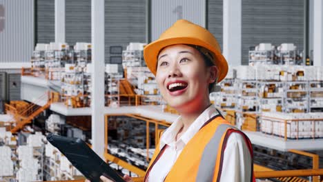 vista lateral de cerca de una ingeniera asiática con casco de seguridad mirando la tableta en su mano y mirando a su alrededor mientras está de pie en el almacén con estantes llenos de productos de entrega