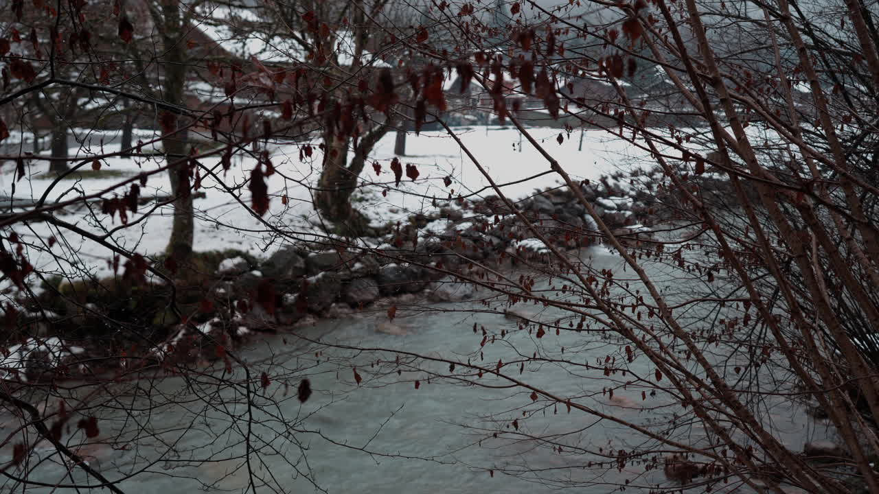Serene view of the Weisse L&uuml;tschine river in Lauterbrunnen, Switzerland, captured on a tranquil, snowy winter day, showcasing the ethereal beauty of nature