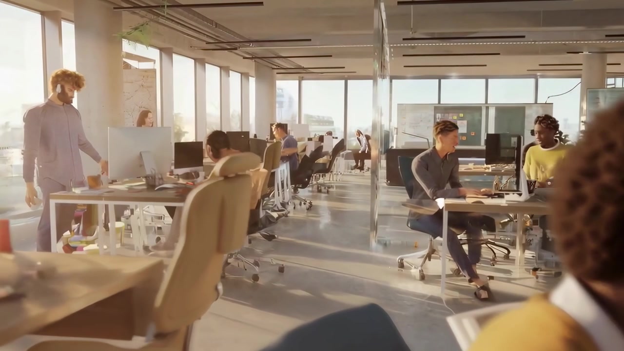 Diverse Employees Working in a Sunlit Modern Open Plan Office