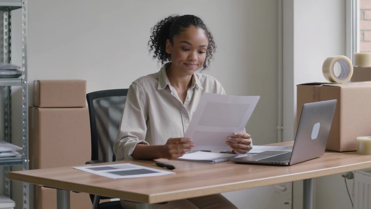 Picking up paper, woman reviewing orders at desk, in light shirt, writing in pad with laptop